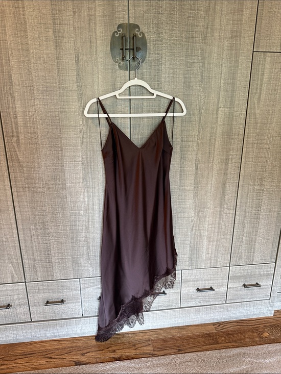 Zara Dresses & Skirts - Zara Satin Slip Dress‎ with Lace Hem in Deep Brown